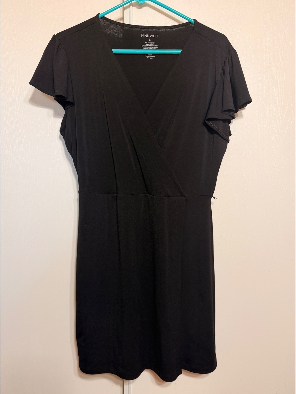 Nine West Black Faux Wrap Dress Flutter Sleeve V-Neck Women’s Large